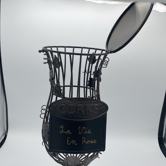 Wine glass shape black metal cork collection holder w/ leaves and grapes 13” - Picture 8 of 9